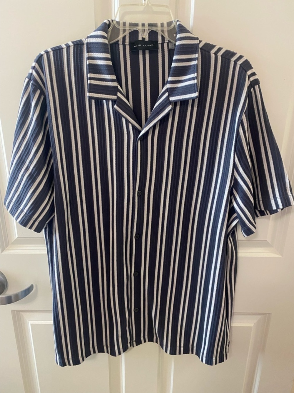 Tahari Navy and White Vertical Stripe Short-Sleeve Button Down Shirt